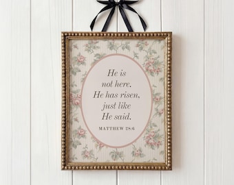 彼は復活した イースター クリスチャン ウォールアート ピンク ヴィンテージ 花柄プリント (デジタルダウンロード)