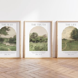 Printable Christian Vintage Paintings Set of 3, The Way The Truth The Life, Calming Bible Verse Wall Art  Digital Download