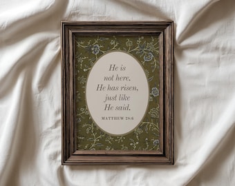 キリスト教イースターのウォールアート（グリーン）、主は復活された、ヴィンテージ聖書の一節プリント（デジタルダウンロード）