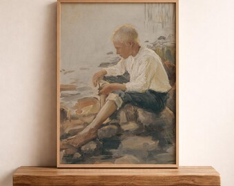 Boy Nursery Print Vintage Painting, Little Boy by the Stream (Digital Download)
