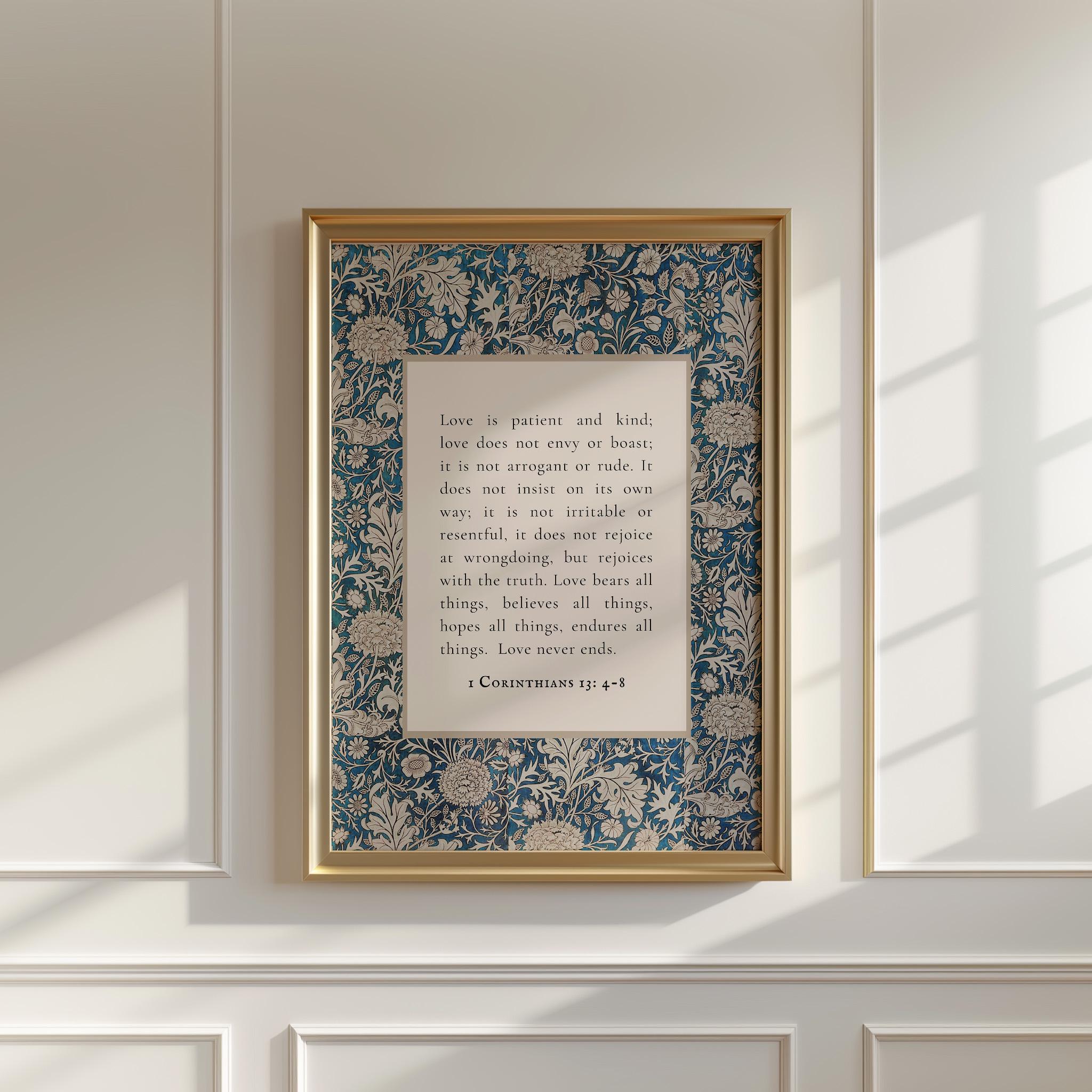 Christian Wall Art Blue Vintage Bible Verse Print, 1 Corinthians 13: 4 ...