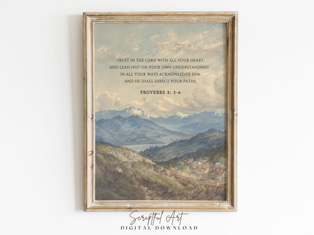 Proverbs 3: 5-6 Bible Verse Print Vintage Landscape Art Boys Room ...
