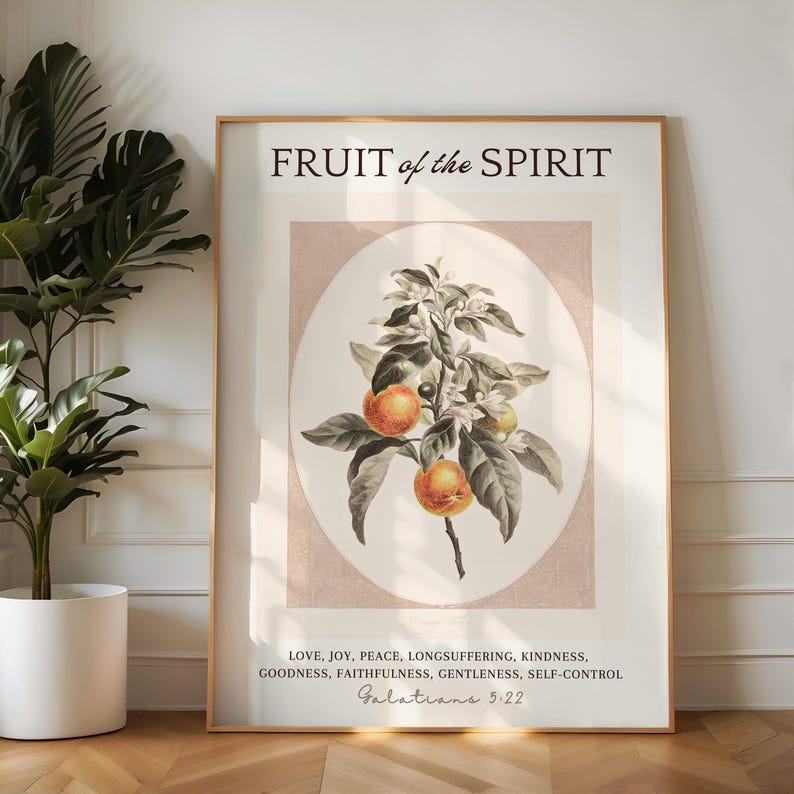 Christian Wall Art, Fruit of the Spirit, Galatians 5: 22, Botanical Bible Verse, Cottagecore Vintage Print Digital Download