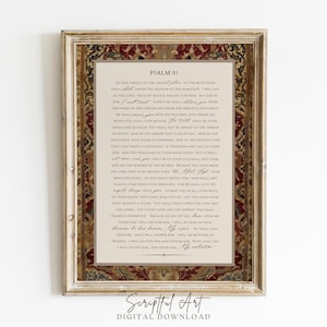 Puede incluir: Una impresión enmarcada del Salmo 91, con un fondo beige y texto negro. El marco dorado tiene un borde decorativo con patrones rojos, marrones y beige. La parte inferior del marco tiene el texto "Scriptful Art DIGITAL DOWNLOAD".