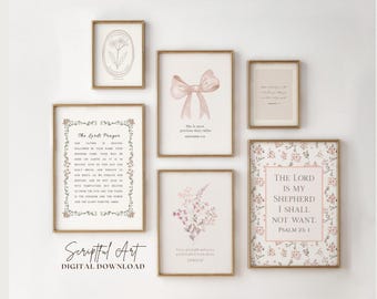 キリスト教をテーマにした子供部屋の装飾、コテージコア風の聖書の一節プリント6枚セット（デジタルダウンロード）