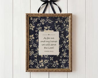 Joshua 24:15 As For Me and My House,  Blue Vintage Botanical Bible Verse Print Digital Download