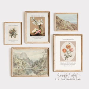 Christian Vintage Gallery, Set of 5, Cottagecore Bible Verse Wall Art, Floral Scripture Prints, Modern Farmhouse Decor Digital Download
