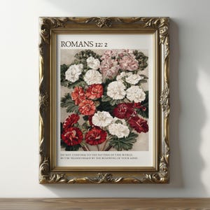 Kristen väggkonst Vintage blommig bibelverstryck, Romarbrevet 12:2 (digital nedladdning)