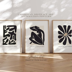 Black Christian Abstract Art set of 3 Printables Matisse Bible Verse Wall Art Christian Modern Art Digital Download
