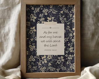Blue Bible Verse Print - Joshua 24:15 As For Me and My House,  Vintage Pattern Scripture Art Digital Download