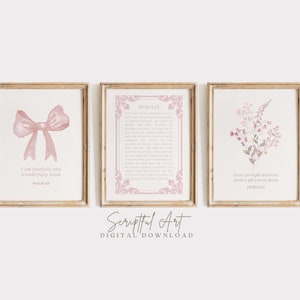Christian Nursery Wall Art, Set of 3, Pink Bible Verse Prints, James 1:17, Psalm 23, Psalm 139, Subtle Girls Room Decor Digital Download