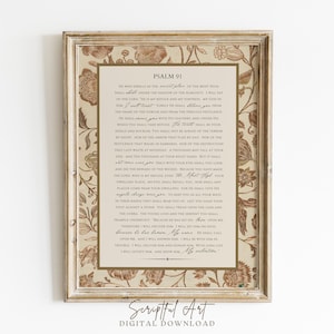 Puede incluir: Impresión enmarcada del Salmo 91 con un borde floral. El texto está en una fuente serif clásica sobre un fondo crema. El marco es de color madera clara. Las palabras "Scriptural Art Digital Download" están en la parte inferior.