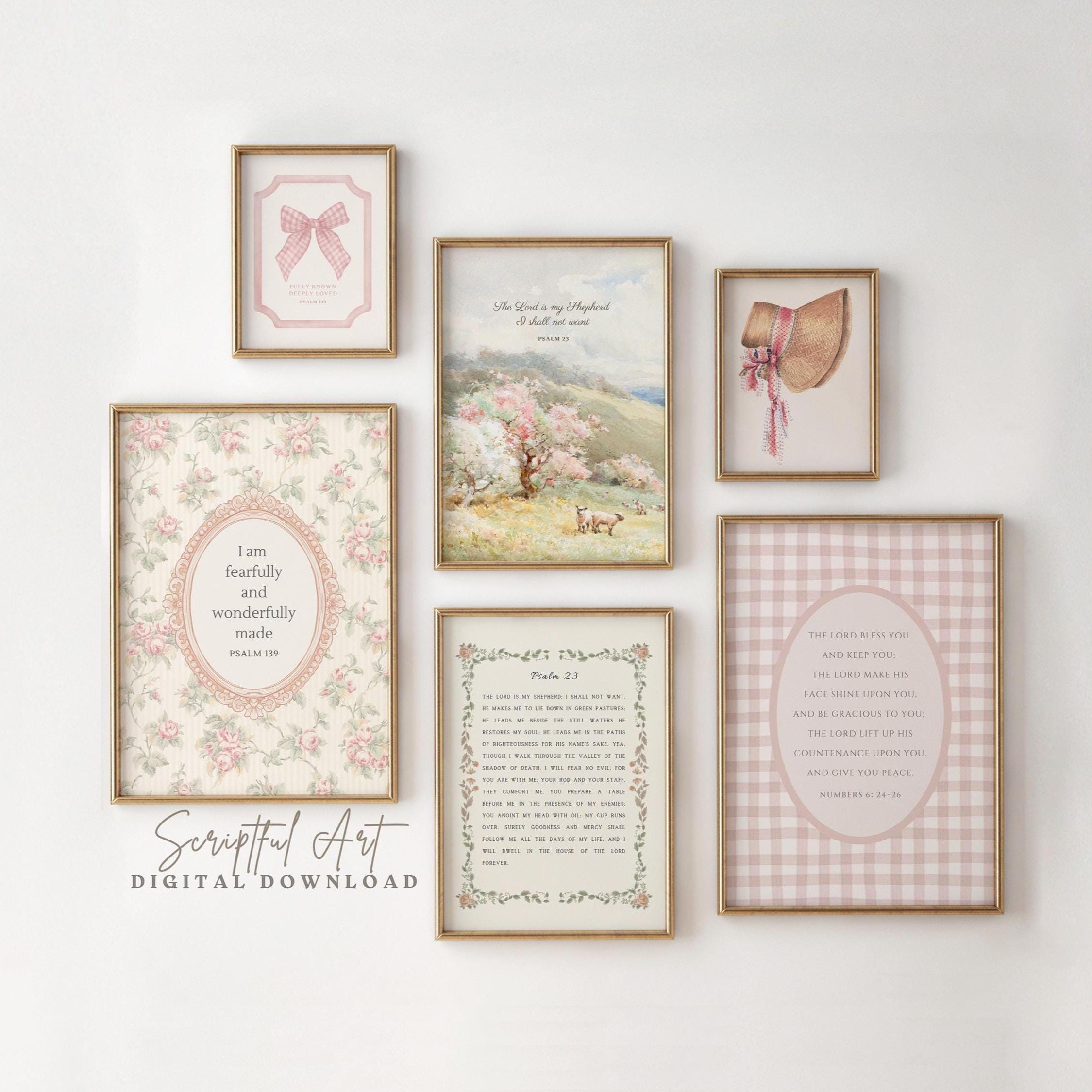 Christian Girls Nursery Decor, Set of 6, Vintage Cottagecore Gallery, Pink Bible Verse Prints, Printable Scripture Bundle, Digital Download