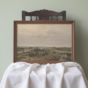 Christian Wall Art Vintage Landscape Bible Verse Print, I am the Way the Truth and the Life, Digital Download