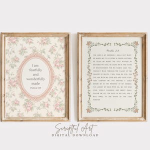 Pink Girls Nursery Decor, Christian Wall Art Set of 2, Vintage Printable with Bible Verses, Psalm 23, Psalm 139, Digital Download