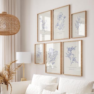 Blue French Country Decor Botanical Sketches Bible Verse Collage Christian Wall Art Set of 6 Digital Download
