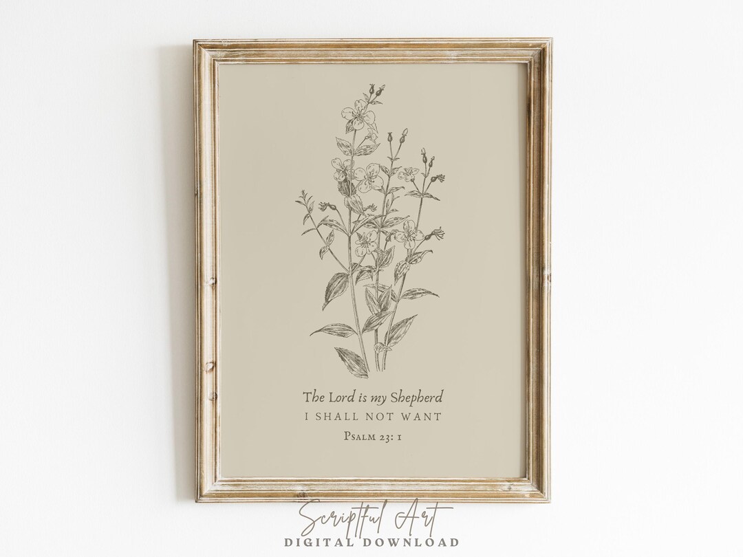 Psalm 23, Printable Christian Wall Art Floral Sketch Bible Verse Print ...