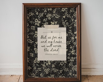 黒のヴィンテージ聖書の一節プリント – ヨシュア記24章15節、素朴な農家風インテリア、キリスト教の壁掛けアート（デジタルダウンロード）