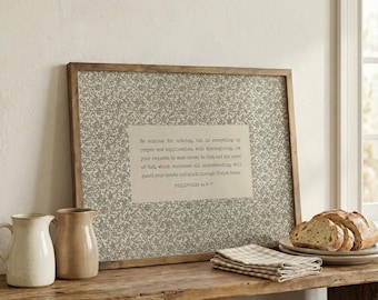 フィリピ人への手紙 4章6-7節、ヴィンテージ風聖書の一節プリント、ニュートラルカラーのコテージコア風ホームデコレーション（デジタルダウンロード）