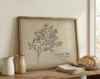 わたしはぶどうの木、あなたがたはその枝です。キリスト教の壁掛けアート、ヴィンテージオリーブの木、素朴な聖書の一節プリント、ヨハネによる福音書15章5節、デジタルダウンロード
