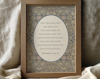 May include: A framed print with text from Numbers 6:24-26, set within an oval against a patterned backdrop in beige, blue, and pink. The wooden frame provides a traditional aesthetic to the inspirational quote.