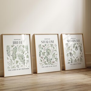 Hebräische Namen Gottes, 3er-Set, christliche Wandkunst, salbeigrüne botanische Reben und Zweige, moderne christliche Wohnkultur digitaler Download
