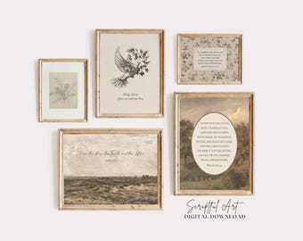 ヴィンテージクリスチャンギャラリーの素朴な聖書の一節プリント、聖句ウォールアート、ファームハウスホームデコレーション、5枚セット（デジタルダウンロード）