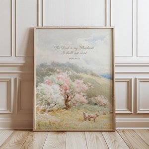 Psalm 23, The Lord is my Shepherd, Printable Christian Vintage Landscape Poster, Kids Room Decor Sheep Bible Verse Wall Art Digital Download