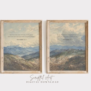 Proverbs 3:5-6, Trust in the Lord, Christian Wall Art Set of 2, Vintage Mountain Paintings, Boys Bible Verse, Digital Download