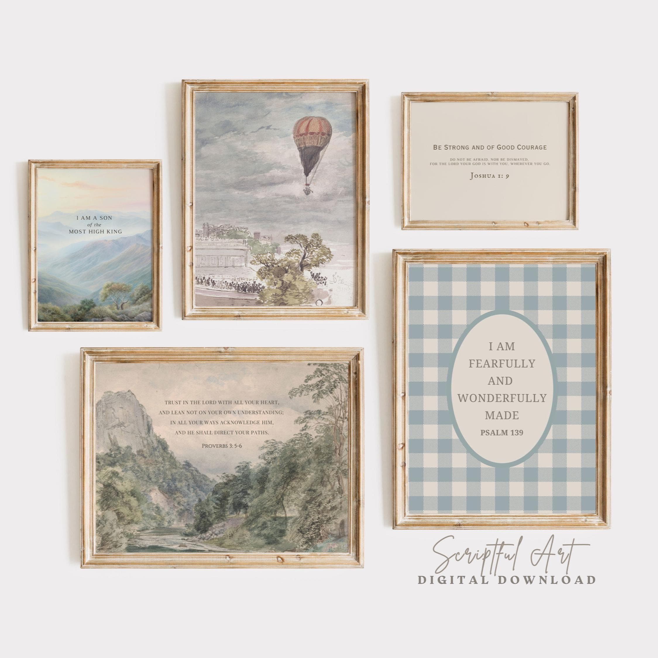 Boys Nursery Decor Set of 5 Christian Wall Art Boys Room Vintage Bible Prints, Young Man Cave, Psalm 139, Joshua 1:9 Digital Download