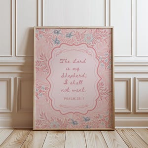 Póster de arte de pared cristiano con el Salmo 23, color rosa preppy, para dormitorio, decoración, versículo bíblico femenino, descarga digital
