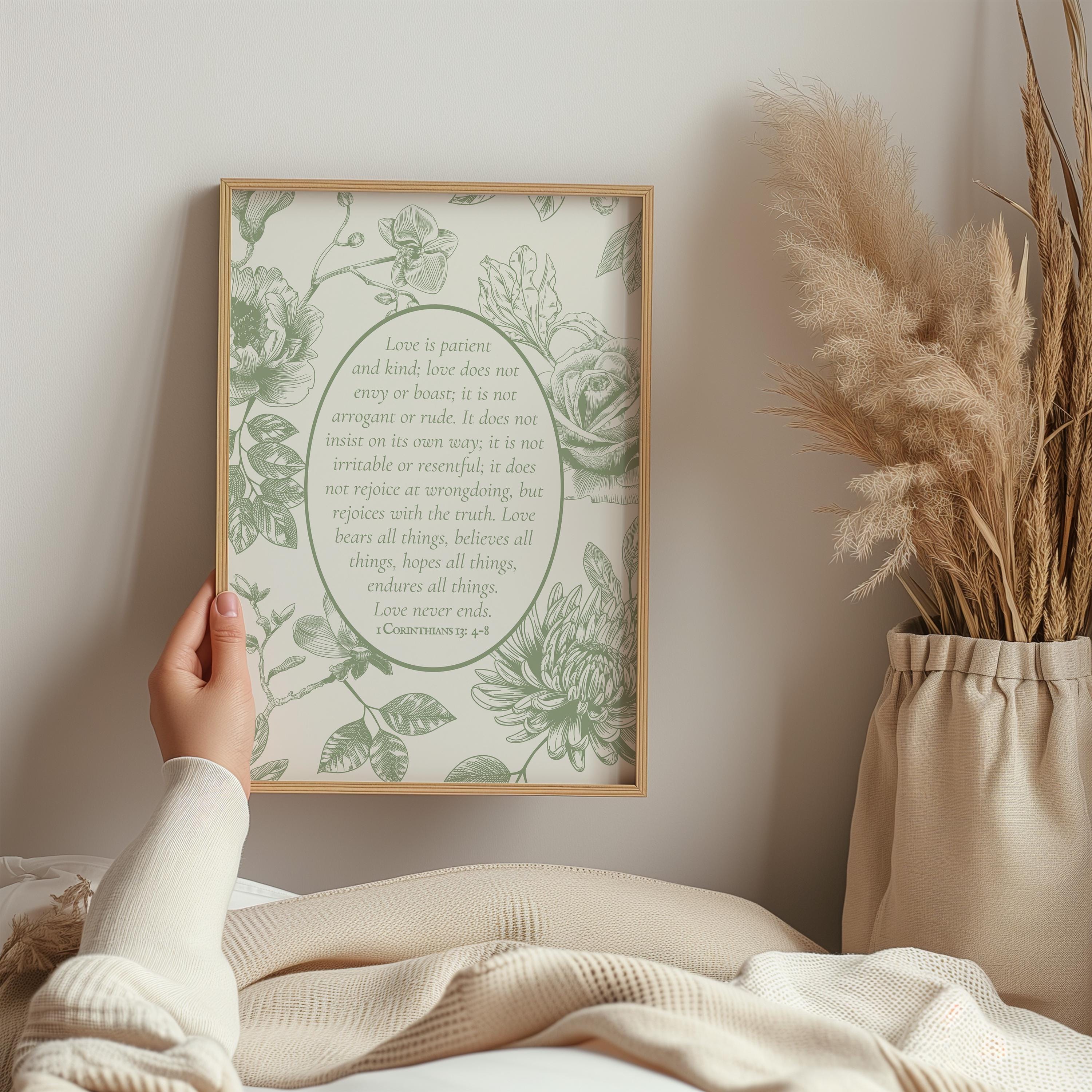 Christian Wall Art Sage Green Vintage Toile Bible Verse Print, Floral ...