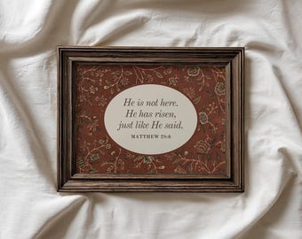 イースターのキリスト教壁掛けアート「彼はここにはいない、彼は復活した」ヴィンテージ聖書の一節プリント（デジタルダウンロード）