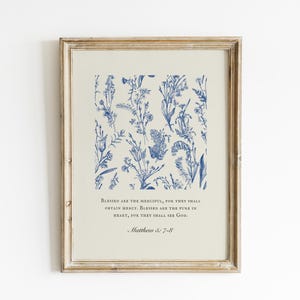 Blue Botanical Bible Verse Prints the Beatitudes, Sermon on the Mount ...