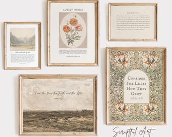 Set di 5 collage di versetti biblici d&#39;epoca stampabili della Galleria Cristiana, graziose stampe floreali in stile Cottagecore, antiche stampe delle Scritture, download digitale