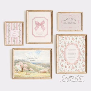 Pink Christian Nursery Gallery, Girls Room Decor, Set of 5, Cottagecore Floral Bible Prints, Vintage Scripture Posters Digital Download