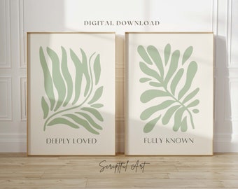 Christian Wall Art Sage Green, Set of 2 Modern Christian Art, Deeply Loved, Fully Known, Botanical Abstract Art Digital Download