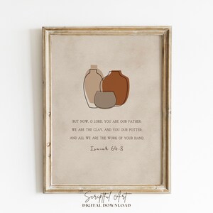 Arte mural cristiano con macetas de barro, Isaías 64:8, impresión minimalista con versículo bíblico (descarga digital)
