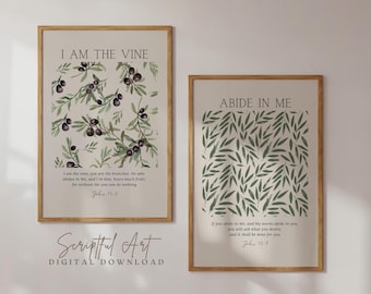 I am the Vine You are the Branches, John 15:5 Abide In Me, Christian Wall Art Set of 2, Vines Botanical Wall Decor Digital Download