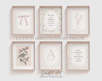 Girls Custom Nursery Decor Digital Download Set of 6, Pink Initial Name Monogram Babygirl Birth Month, Personalized Nursery Prints