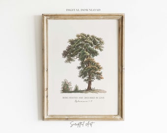 Lámina decorativa vintage con diseño de árbol, versículo bíblico Efesios 3:17, decoración cristiana para el hogar (descarga digital).