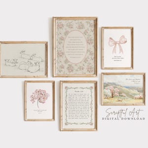 Christian Wall Art Pink Vintage Nursery Gallery, Set of 6, Cottagecore Girls Room Decor, Floral Bible Verse Prints, Digital Download