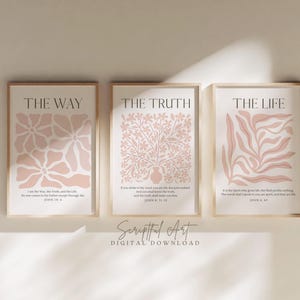 Christian Wall Art Pink Set of 3, Modern Bible Prints, The Way The Truth The Life Wall Art, Trendy Christian Home Decor Digital Download