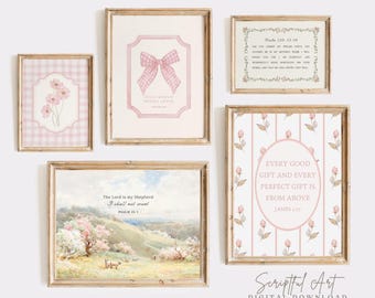 Christian Nursery Wall Art, Girls Room Decor Pink Bible Art Set of 5 (Digital Download)