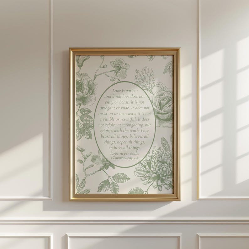 Christian Wall Art Sage Green Vintage Toile Bible Verse Print, Floral ...