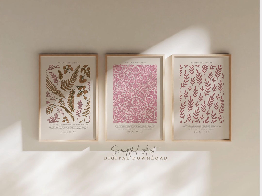 Christian Wall Art Set of 3, Pink Bible Verse Vintage Botanical Prints ...