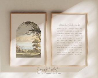 Christian Wall Art, Set of 2, Vintage Bible Prints, His Mercies Are New Every Morning, Lamentations 3: 22-26, Digital Download