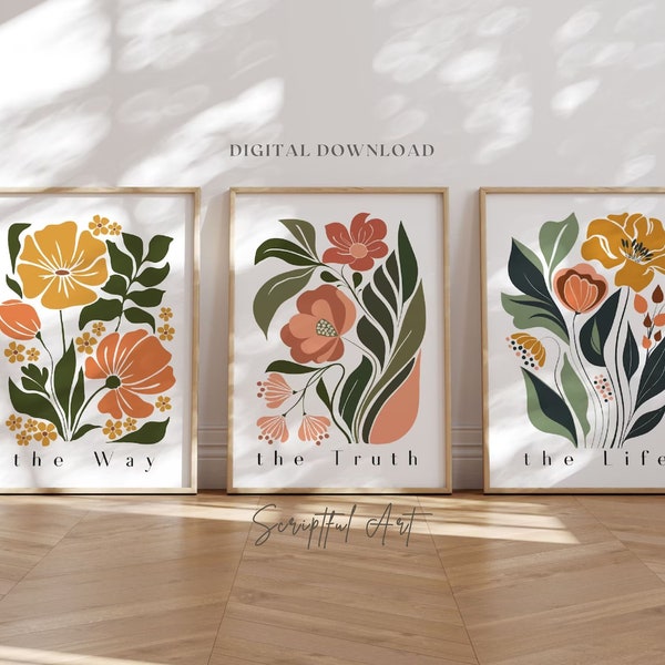 Christian Flower Market Wall Art Set of 3 Printables, The Way the Truth the Life, Jesus Quotes, Christian Colorful Flowers Digital Prints