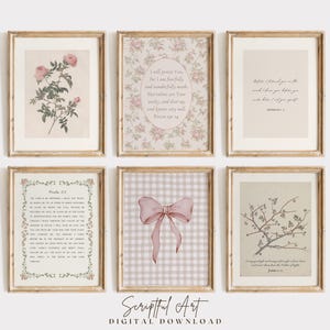 Pink Christian Gallery Girls Nursery Decor, Set of 6, Elegant Vintage Floral Art Printable Bible Verse Wall Art Digital Download