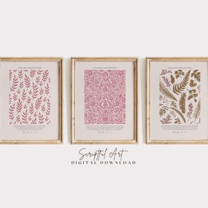 Pink Christian Wall Art Psalm 23 The Lord is my Shepherd, Set of 3 Vintage Botanical Scripture Farmhouse Decor Digital Download